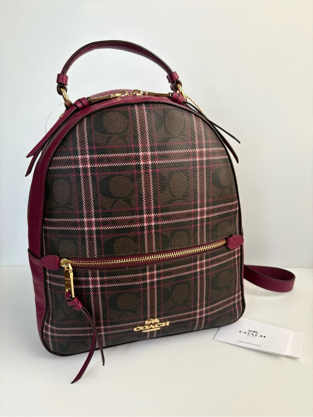 Coach Jordyn Backpack  Signature Plaid Brown/Fuchsia MFSRP $428 NWT